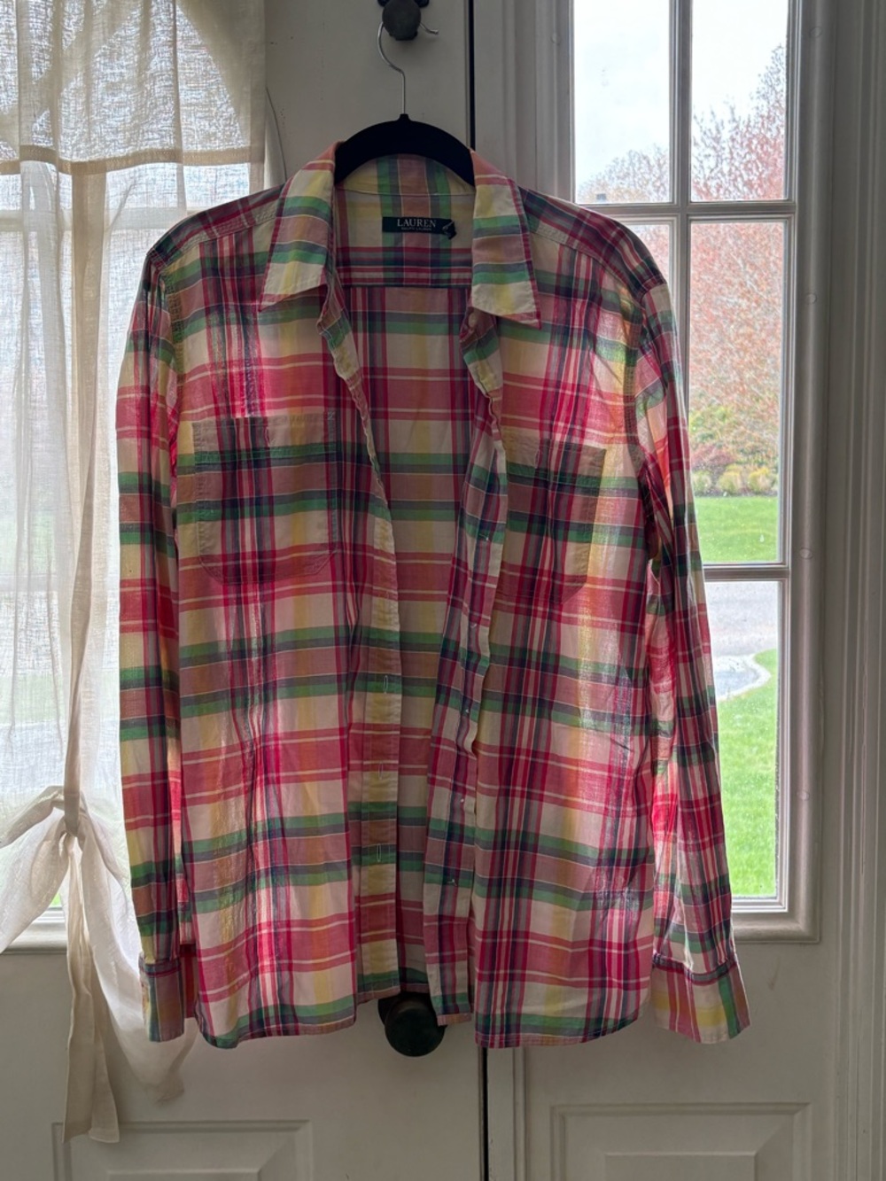 Lauren Ralph Lauren Pink, Green and Yellow Plaid Button-Up Shirt XL